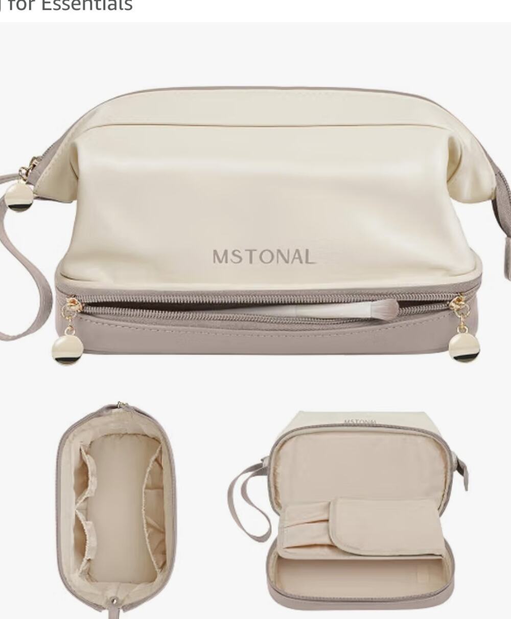 MSTONAL Travel Makeup Bag, Double Layer Cosmetic Bag for Women, Beige Sand